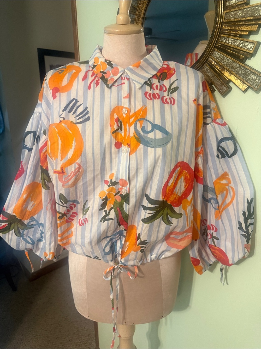 New Marc New York White Striped Button-Down Shirt with Orange & Red Floral Print